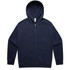 A navy zip-up hoodie featuring a front pocket and a hood. The product has a logo on the label.