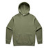 An olive green hoodie featuring a front pocket and a hood, with a branding logo on the label.