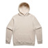 A beige hoodie with a front pocket and a drawstring hood. It features a logo on a sleeve.