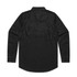 A black linen button-up shirt featuring a back yoke and long sleeves. The shirt has a logo on the label.