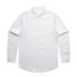A white linen shirt with a button-up front and long sleeves, featuring a single pocket and a logo.