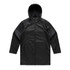 A black rain jacket with a hood and zipper front, featuring a logo on the sleeve.