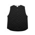 A black quilted vest with a button closure and side pockets, featuring a simple design and a logo.