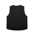 A black quilted vest with a diamond pattern, featuring no sleeves and a curved hemline, and a logo on the back.