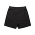 A pair of black sports shorts featuring an elastic waistband and a back pocket, with a logo on the fabric.