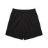 Black sports shorts with an elasticised waistband and drawstring, featuring a branding logo.