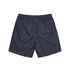 Navy blue beach shorts with an elastic waistband and a simple design, featuring a logo on the back.