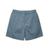 A pair of blue swim shorts featuring an elastic waistband and a simple design. There is a logo present.
