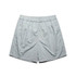 Light grey swim shorts with an elastic waistband, featuring a logo on the side.