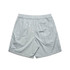 Light green swim shorts with an elastic waistband and a back pocket, featuring a logo.