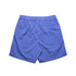 A pair of blue swim shorts featuring an elastic waistband and a back pocket. The shorts have a relaxed fit.