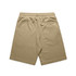 A pair of khaki sports shorts featuring an elastic waistband and a back pocket, with a simple design.