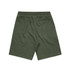 A pair of olive green sports shorts with an elastic waistband and a back pocket. It features a logo on the waistband.