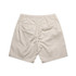 A pair of beige dress shorts featuring an elastic waistband and two back pockets.