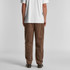 Brown cord pants displayed on a model, showing the back view, paired with a plain white t-shirt.