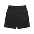 Black canvas shorts with a button closure and front pockets, featuring a logo on the waistband.