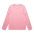 A pink long-sleeve T-shirt with a round neckline, featuring a logo on the label. A pink long-sleeve T-shirt with a round neckline, featuring a logo on the label.