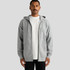 A grey zip-up hoodie with a front opening and two pockets, worn by a male model. It includes a hood and long sleeves.