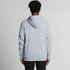 A grey hoodie with a fitted hood and long sleeves, featuring a logo on the back.