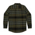 A green and black plaid button-up shirt with long sleeves and a classic collar, featuring a logo on the back.