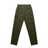 Utility pants in olive green, featuring multiple pockets and a straight-leg design. Includes a logo on the back.