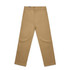 A pair of relaxed tan pants with a straight leg design and a front button closure. The pants have pockets and a logo.