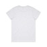 A plain white T-shirt featuring a simple design and a logo on the back.