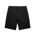 Black utility shorts featuring pockets and a logo. Suitable for various casual settings.