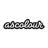 A black and white script sticker featuring the word "ascolour" in a stylish cursive font.
