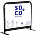 A café barrier with a black frame and a white graphic featuring illustrations and a logo.