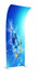 A promotional tension fabric display featuring a blue design with a water bottle and bubbles. It has a curved shape and a logo.