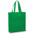 A green tote bag with two handles and a plain design, featuring a branding logo.