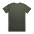 A plain olive green T-shirt displayed on a white background, featuring a simple design and no visible text.