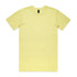 A plain yellow T-shirt featuring a crew neck and short sleeves, with a logo on the label.