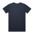 Navy blue T-shirt with short sleeves and a plain back design, featuring a simple logo.