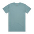 A faded teal T-shirt displayed flat, featuring a round neck and short sleeves. It has a logo on the label.