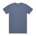 A plain faded blue t-shirt with short sleeves and a round neckline, featuring a branding tag.