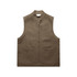 A brown canvas heavy vest with a zipped front and two front pockets, featuring a logo.