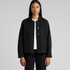 A black canvas chore jacket with a button front and pockets, worn by a model with long hair.