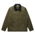 A green canvas jacket featuring a black collar, with a zip closure and pockets, including a zippered chest pocket.