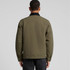A khaki jacket with a black collar, featuring a logo, viewed from the back.