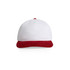 A two-tone cap with a white fabric body and a red corduroy brim, featuring a logo on the front.
