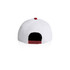 A two-tone cap featuring a white exterior with a contrasting red brim and button, including a logo on the back.