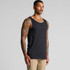 A man wearing a black singlet showcases its relaxed fit and simple design. The tank top features a subtle logo.