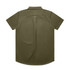 A short-sleeved work shirt in olive green with a back pleat and a collar, featuring a logo.