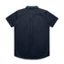 A dark navy short-sleeve work shirt featuring a collar and a back pleat, with a logo on the fabric.