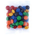 A clear bag filled with colourful chocolate buttons in red, blue, green, yellow, orange, and black.