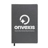 A grey notebook with a logo on the front cover and a black ribbon bookmark.