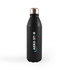 A drink bottle in black with a metallic silver cap and a logo on the front.