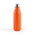 A drink bottle in vibrant orange with a stainless steel cap, featuring a smooth, matte finish and a logo.
